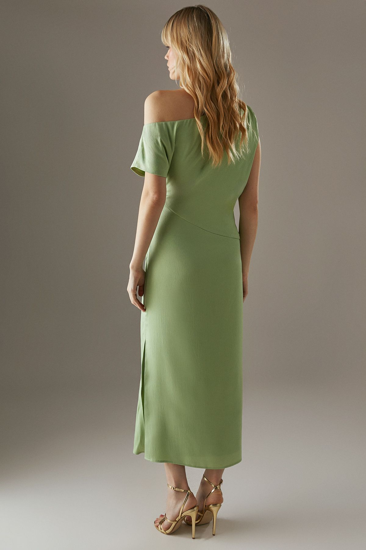 Warehouse Crinkle Satin Fallen Shoulder Knot Side Midi Dress Sage image 3