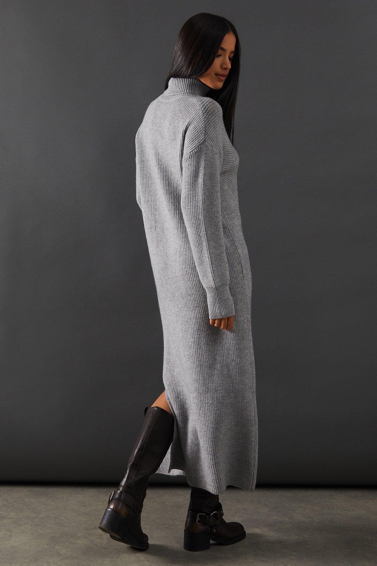 Warehouse Roll Neck Split Maxi Dress Grey Marl image 3