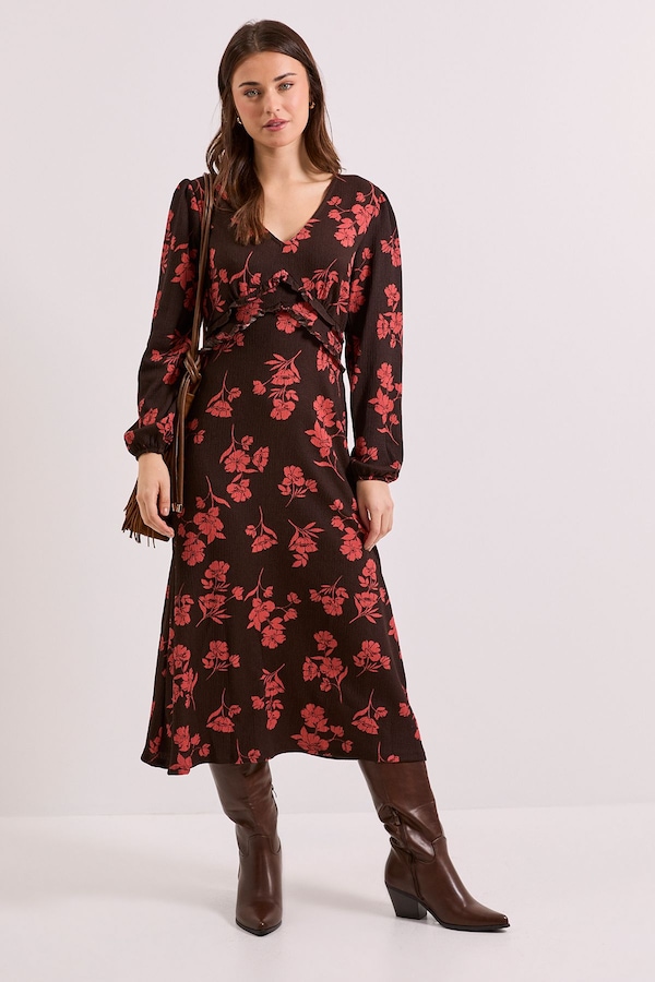 Dorothy Perkins Burgundy Floral V Neck Empire Seam Blouson Sleeve Jersey Midi Dress Burgundy