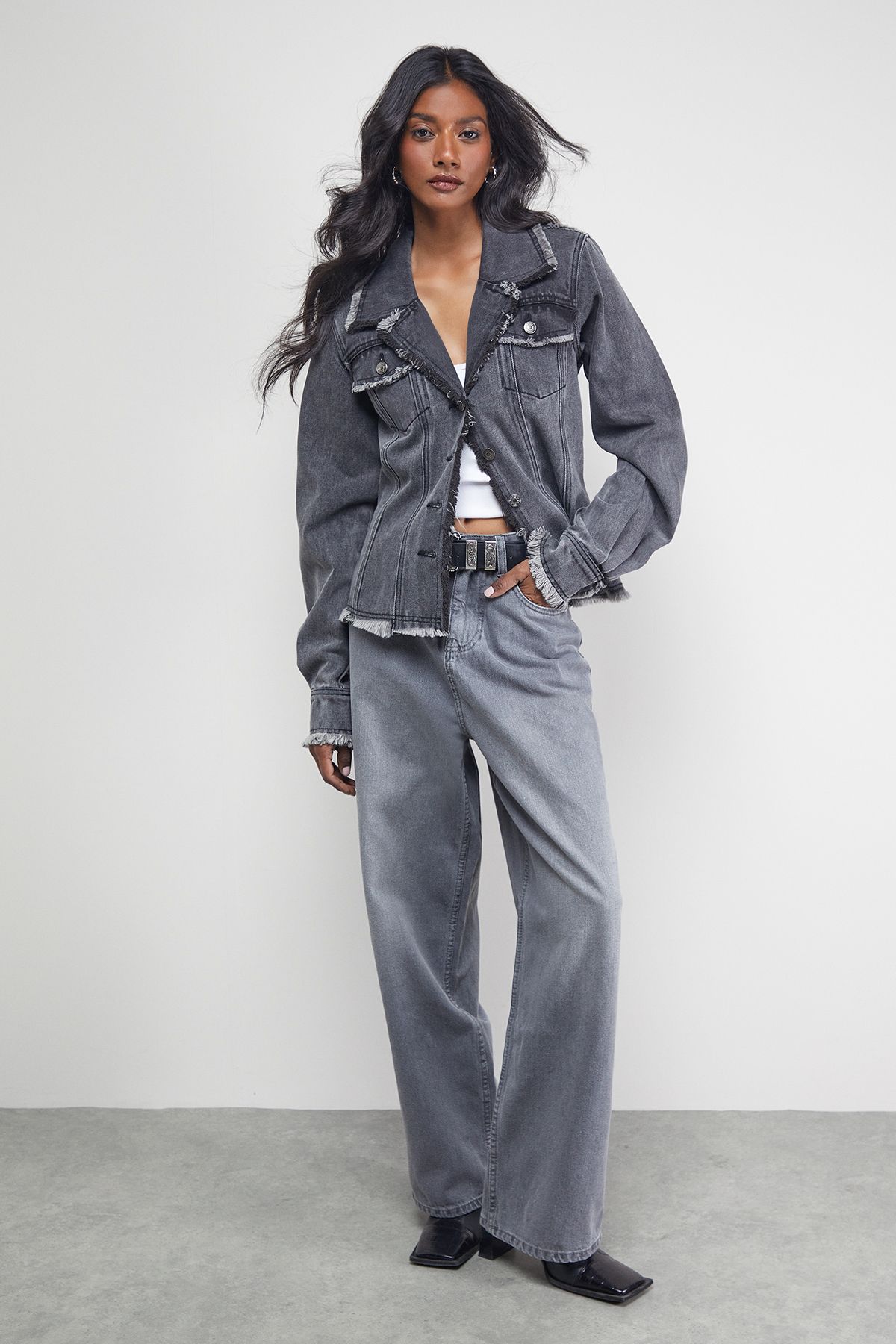 Warehouse Front Fitted Denim Jacket With Frayed Hem Grey image 2