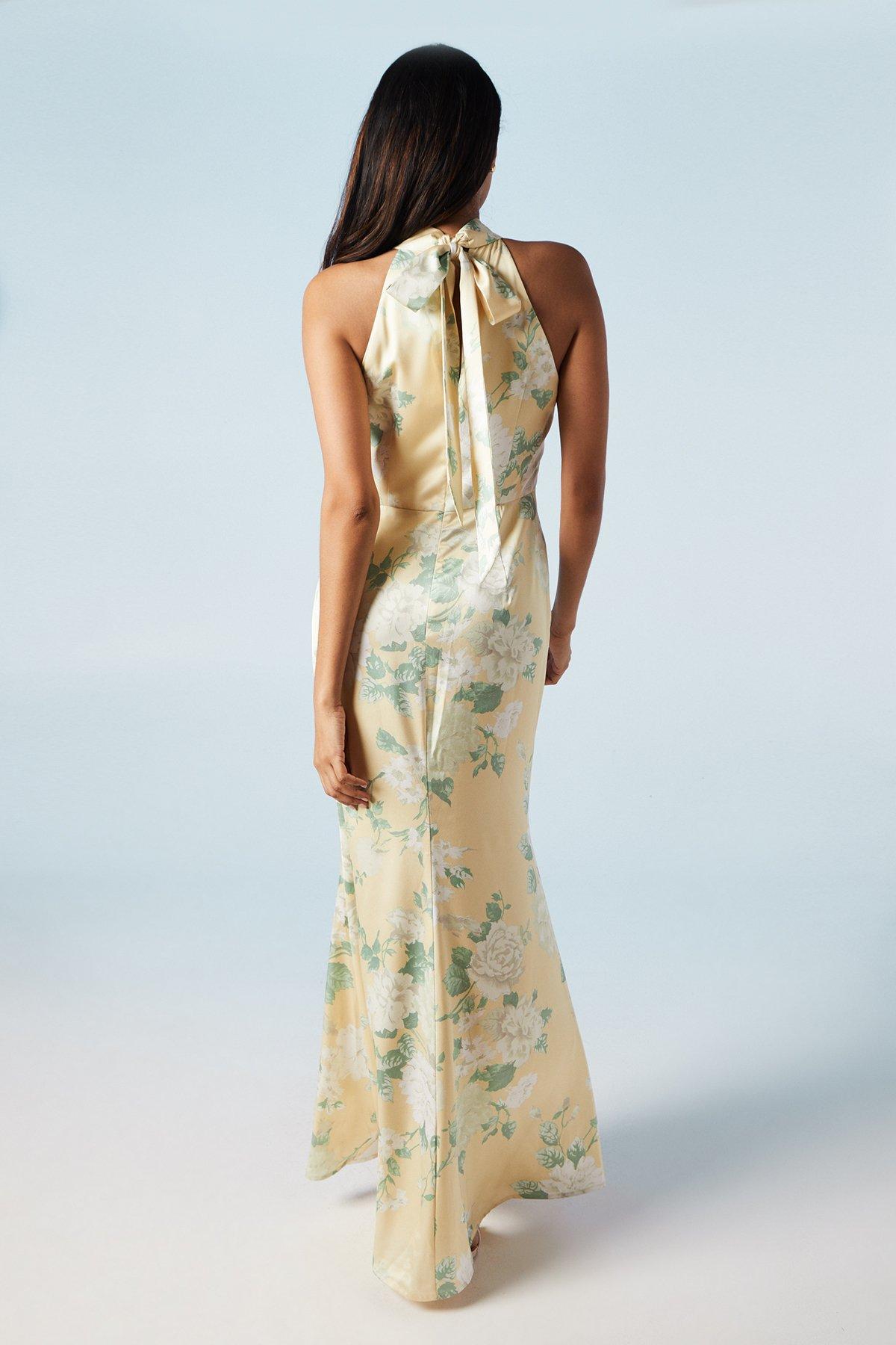 Coast Dahlia Printed Satin Halterneck Bridesmaid Dress Lemon image 2