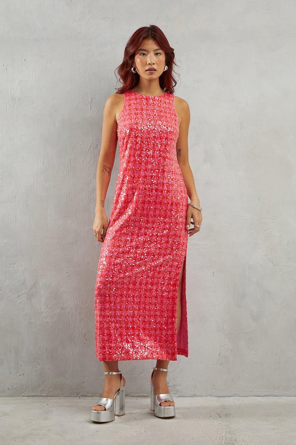 Warehouse Gingham Sequin Embellished Racer Midi Dress Pink image 1