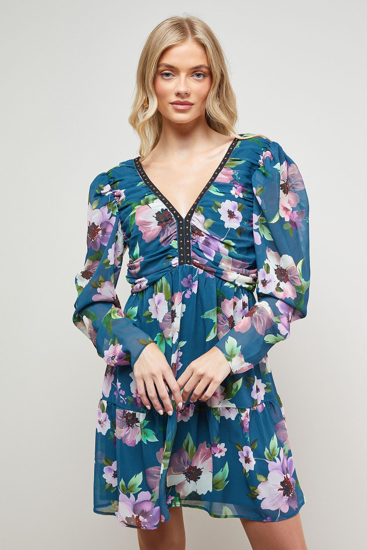 Oasis Printed Statement Shoulder Ruched Body Mini Dress Multi image 2