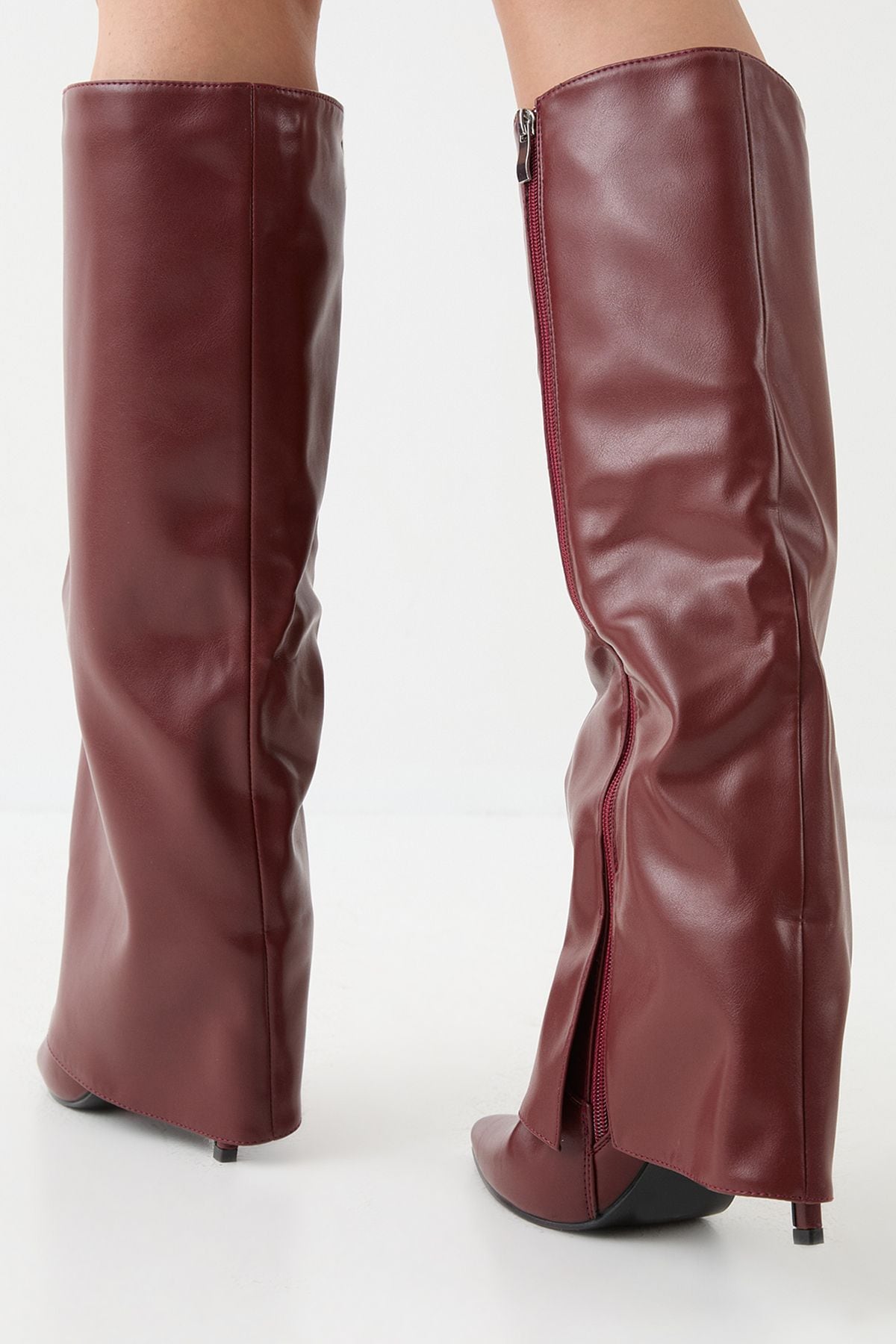 MissPap Faux Leather Foldover High Stiletto Knee High Boots Wine image 3