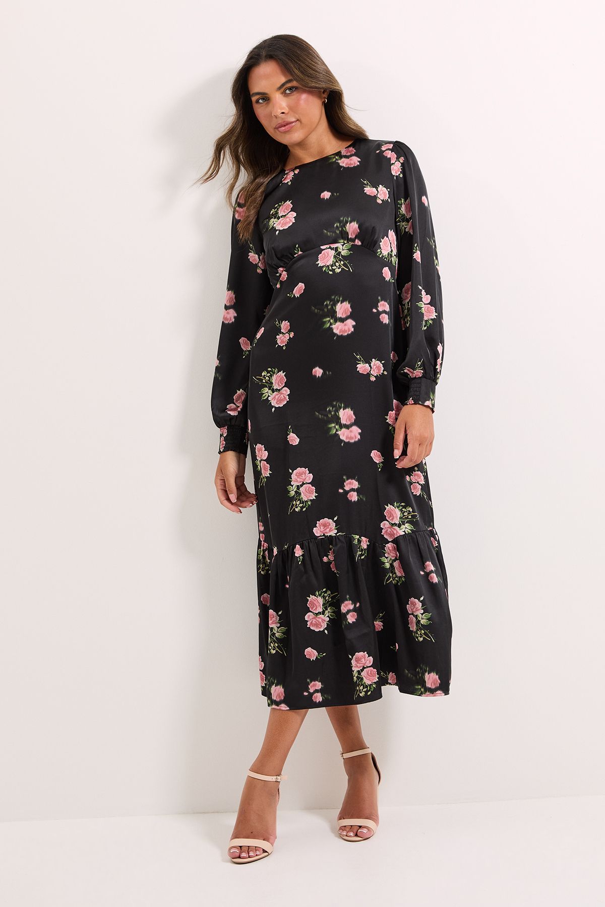 Dorothy Perkins Floral Empire Seam Blouson Sleeve Sleeve Midi Dress Black