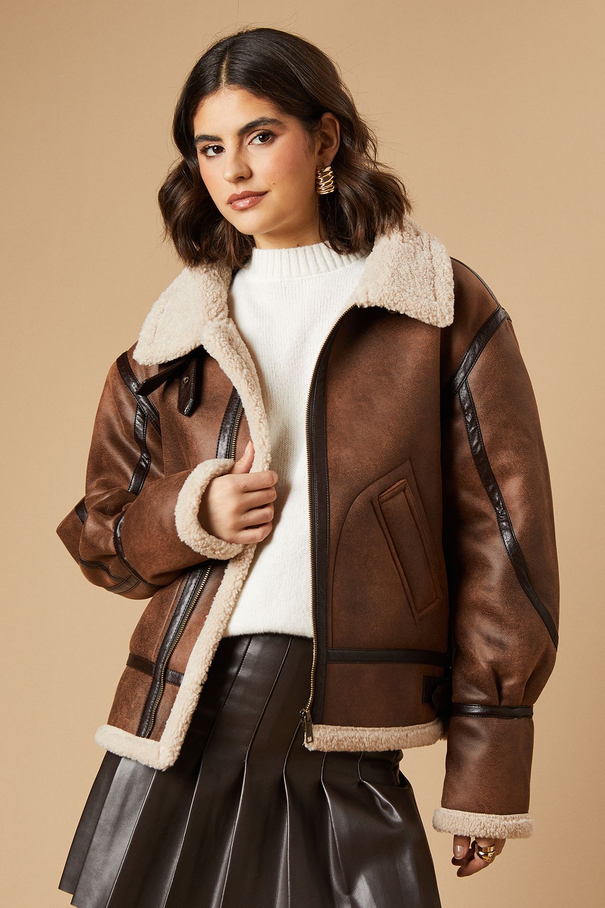 Oasis Chocolate Faux Suede Borg Detail Aviator Jacket PLT