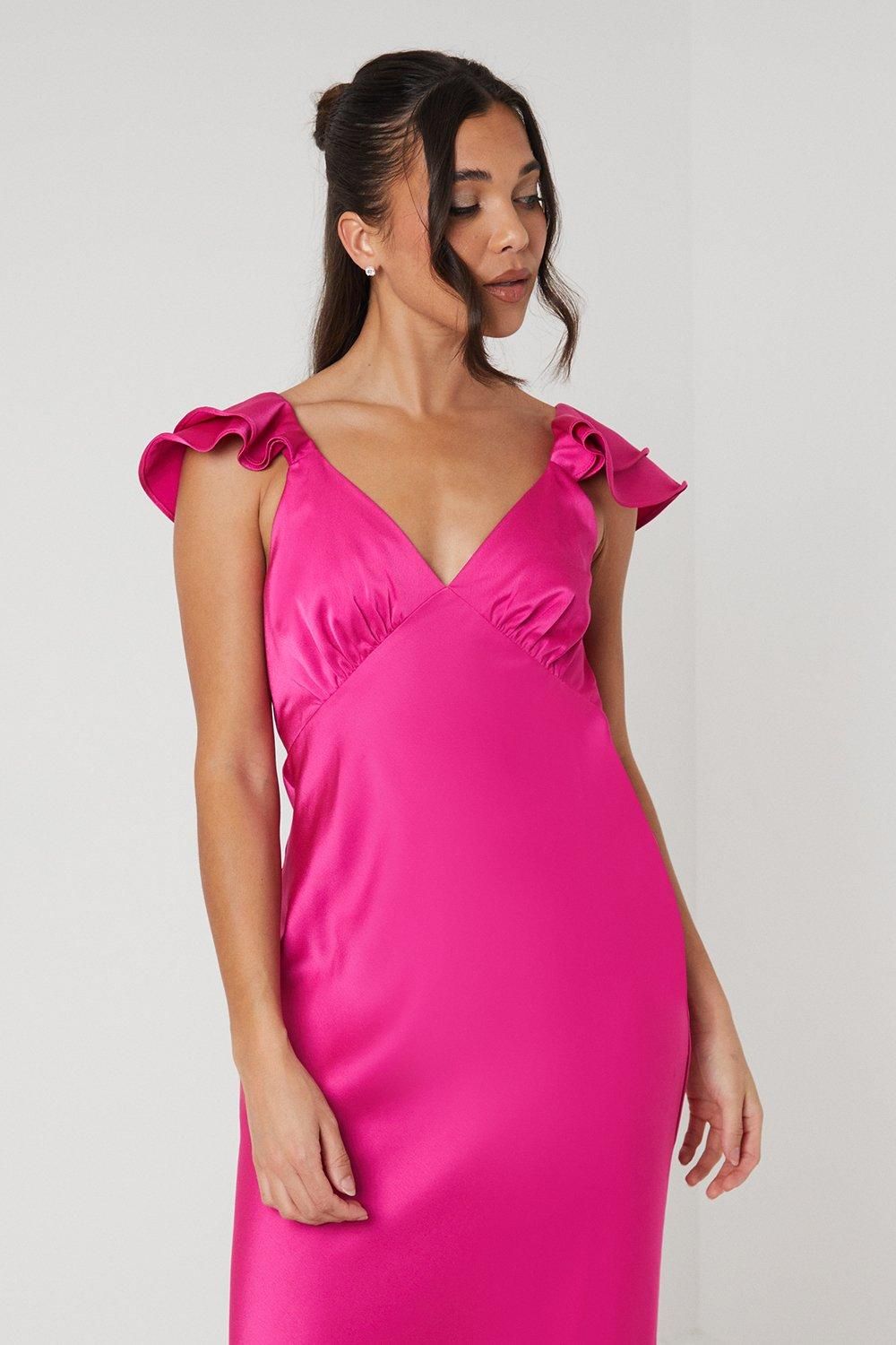 Oasis Petite Ruffle Neckline Satin Maxi Bridesmaid Dress Bright Pink image 4