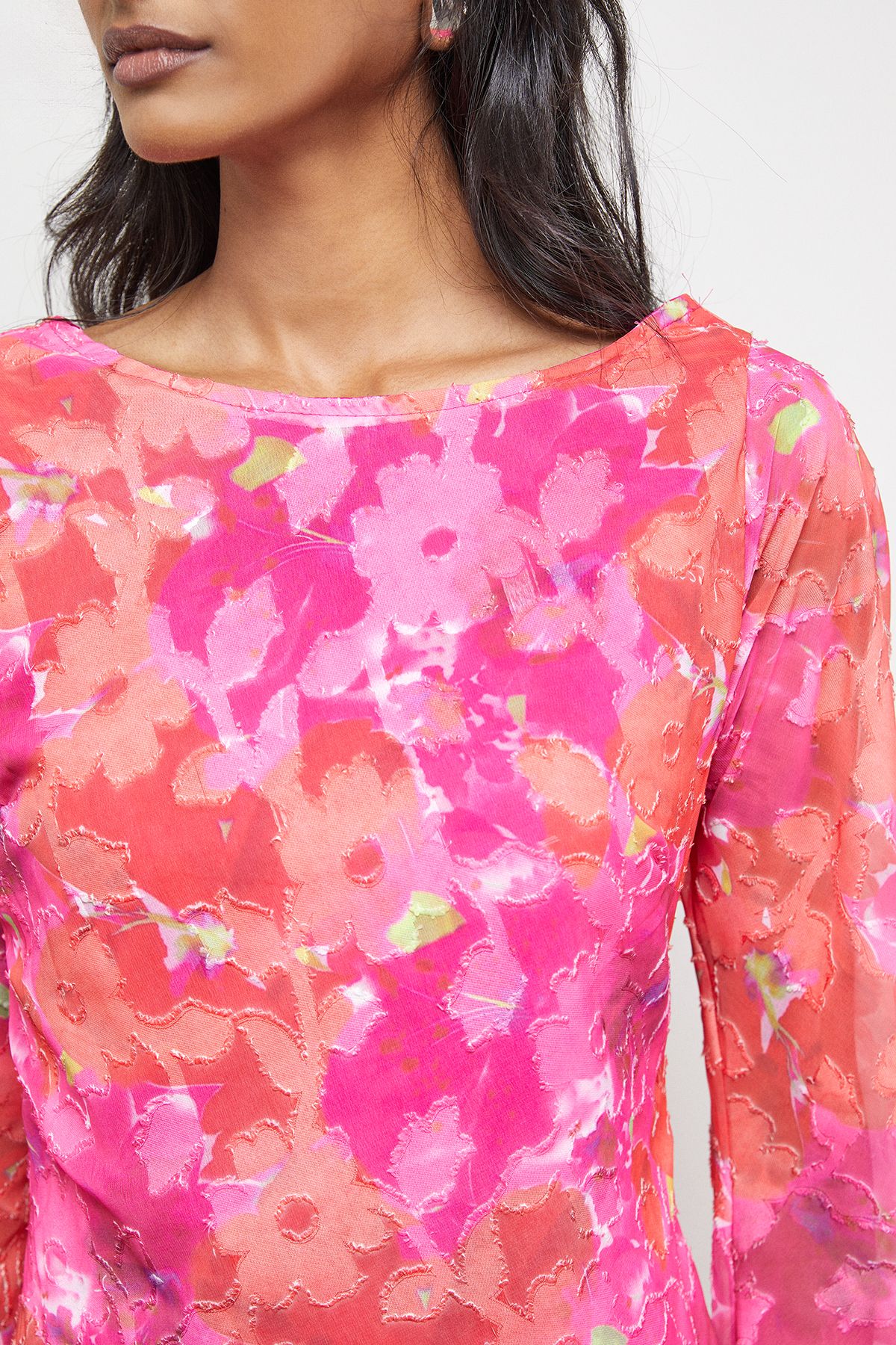 Warehouse Burnout Floral Chiffon Slash Neck Bias Midi Dress Pink image 5