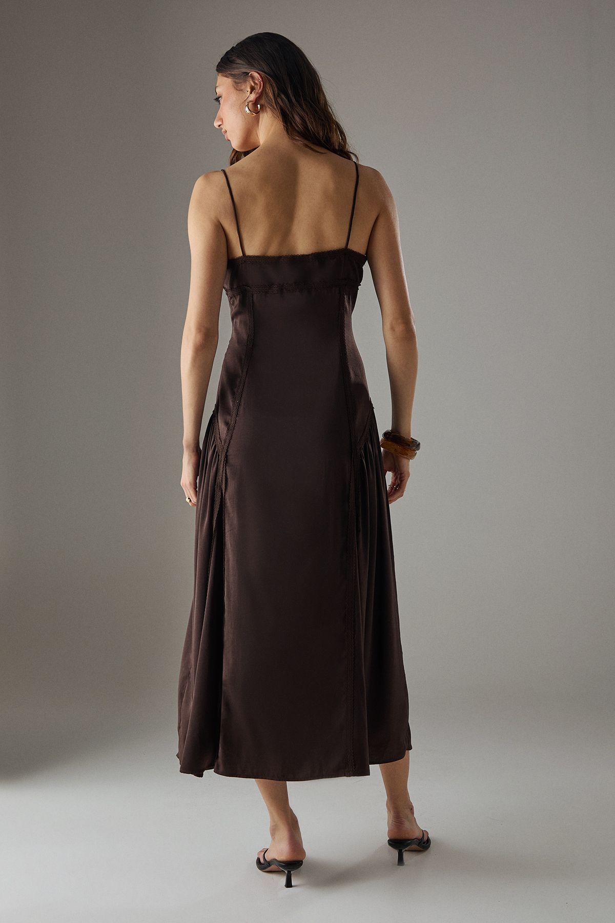 Warehouse Satin Lace Trim Detail Godet Strappy Midi Dress Chocolate image 4