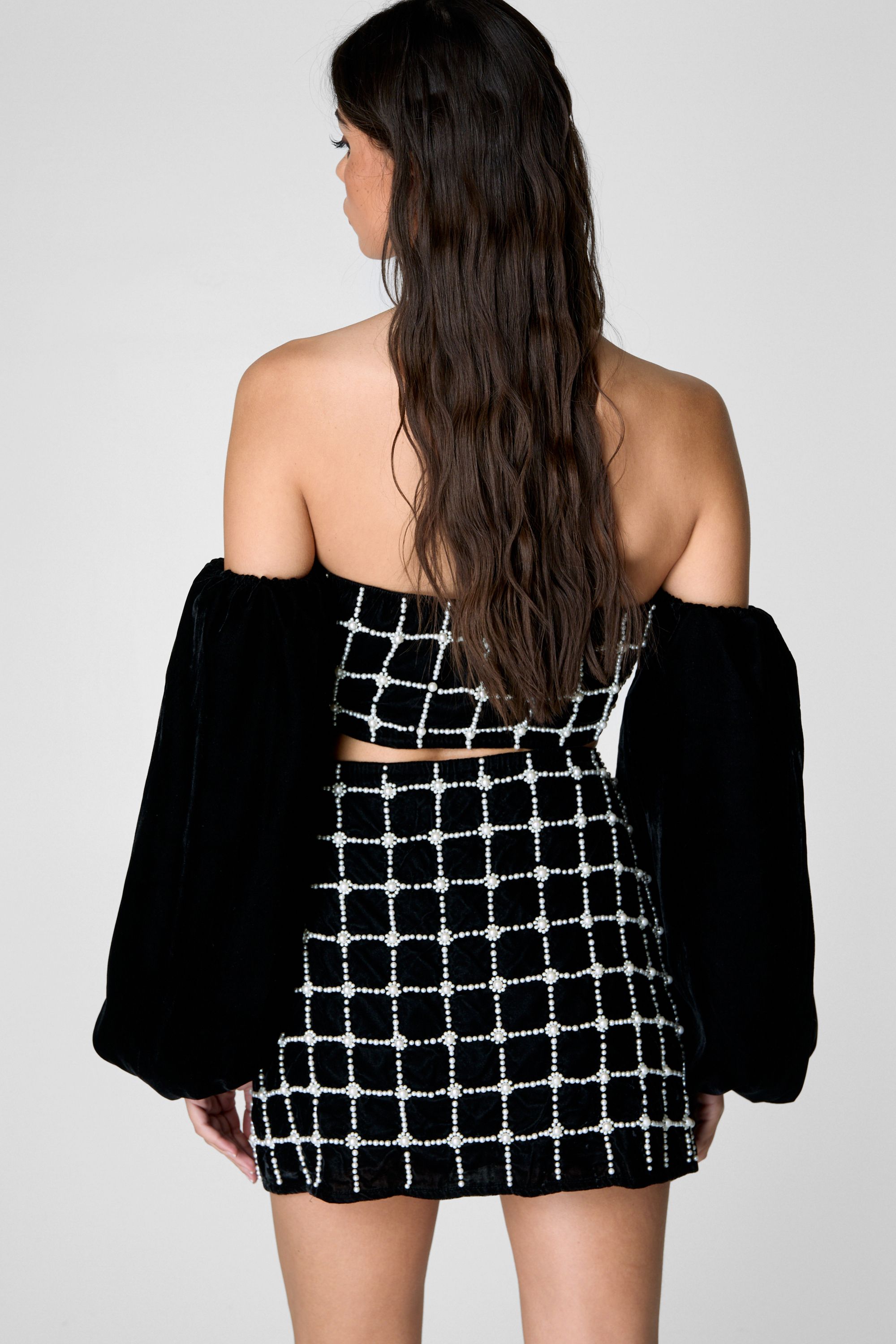 NastyGal Pearl Embellished Velvet Bardot Top Black image 4