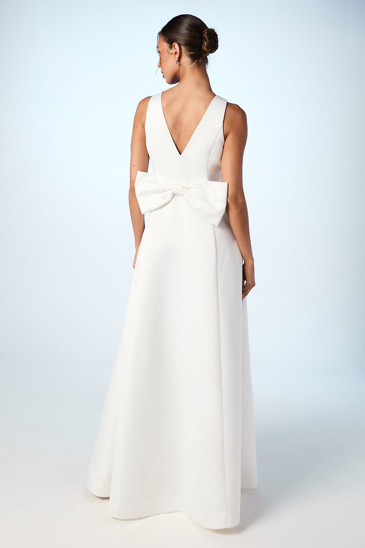 Coast Satin Plunge V Neck Maxi Wedding Dress with Back Bow Detail Ivory image 3