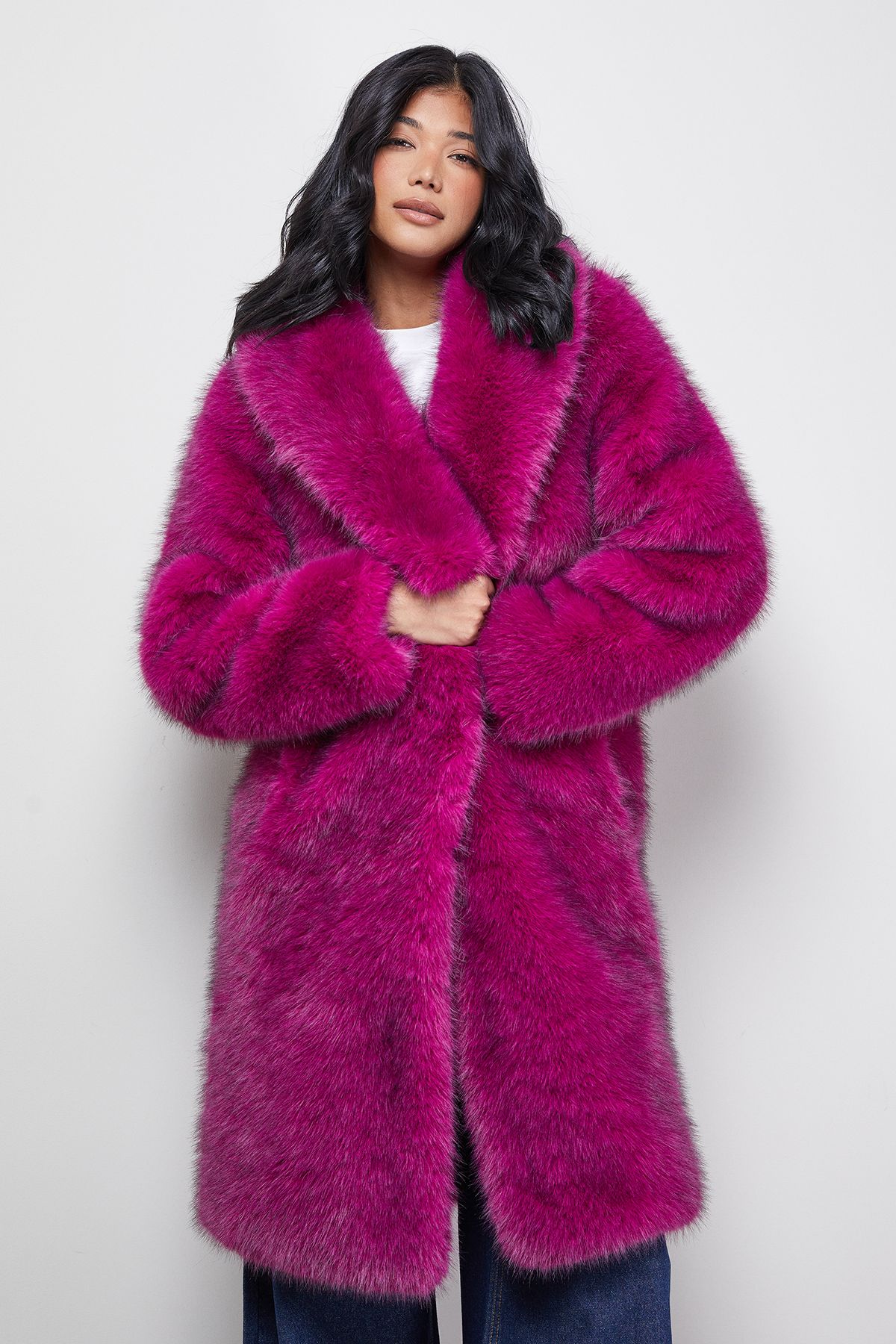 Warehouse Two Tone Luxe Faux Fur Coat Purple image 1