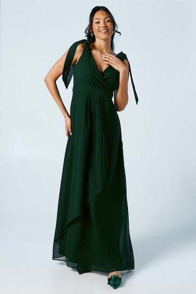 Oasis Tie Shoulder Waterfall Wrap Chiffon Bridesmaid Maxi Dress Emerald