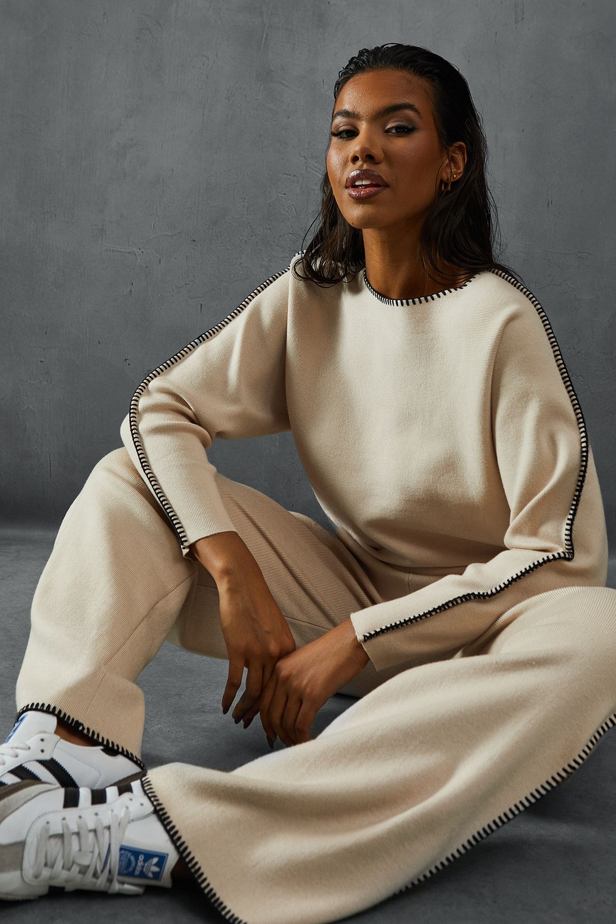 MissPap Contrast Seam Detail Slash Neck Jumper & Trouser Set Stone image 2