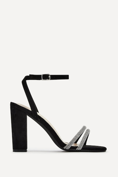 Linzi Imera Black Faux Suede Double Diamante Strap Block Heeled Sandal