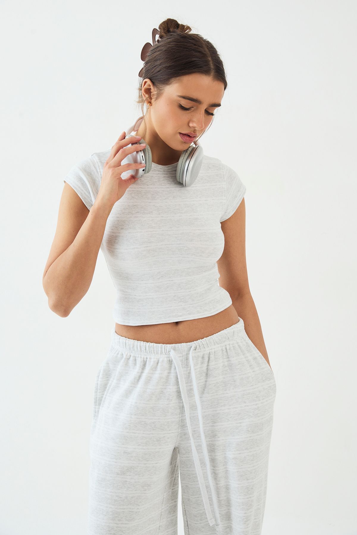 DSGN Studio DSGN Studio Stripe Fitted Short Sleeve Top Ash Grey image 3