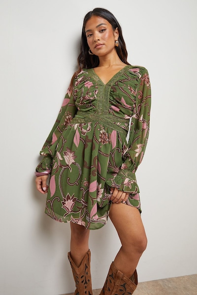 Oasis Petite Printed Lace Trim Gathered V Neck Mini Dress Multi