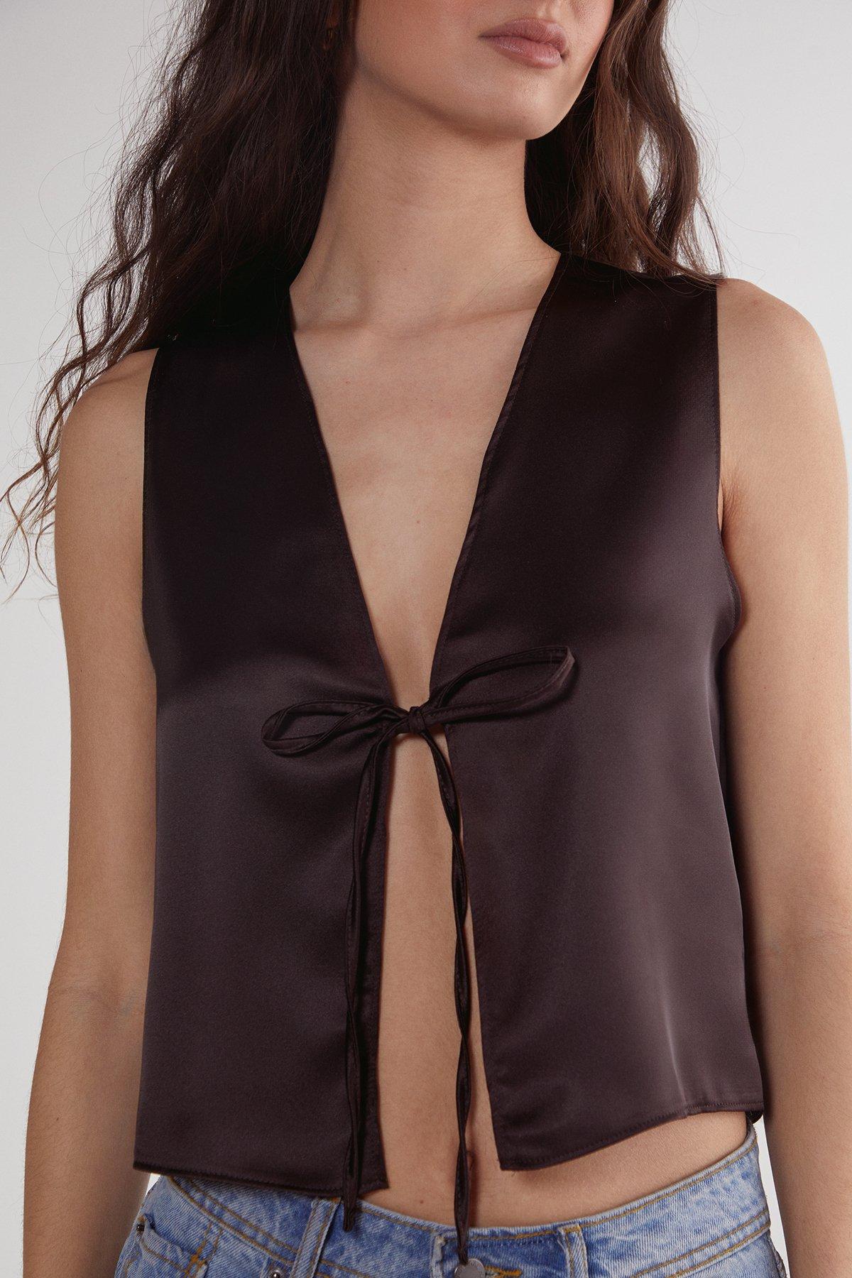 NastyGal Satin Tie Front Vest Chocolate image 1