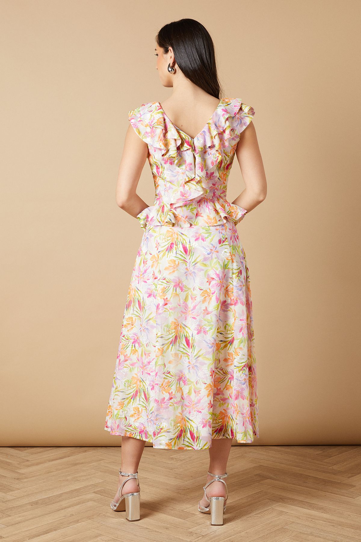 Oasis Floral Ruffle Detail V Neck Midi Dress Green image 4