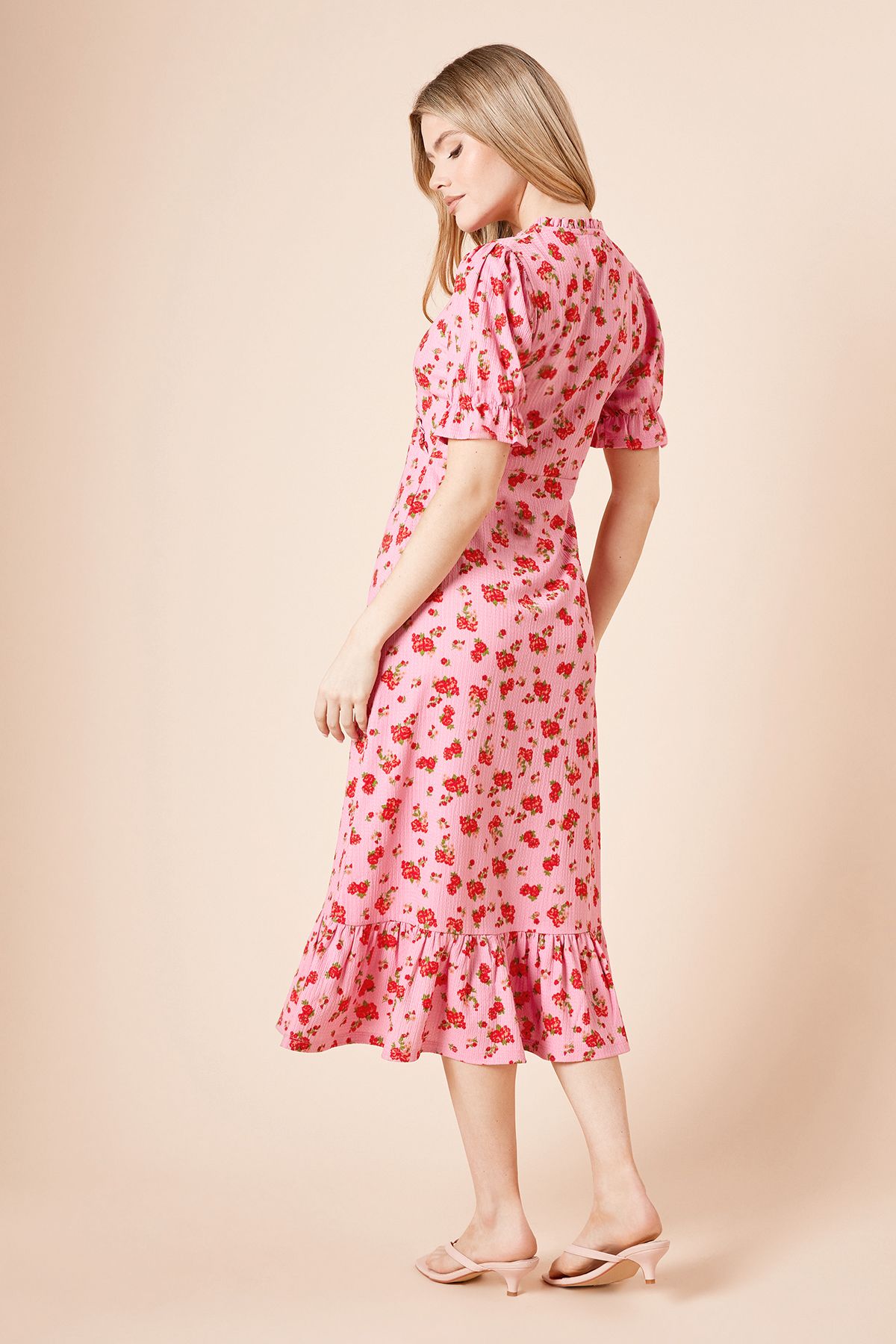 Dorothy Perkins Floral Wrap Front Frill Detail Tiered Hem Jersey Midi Dress Pink image 4