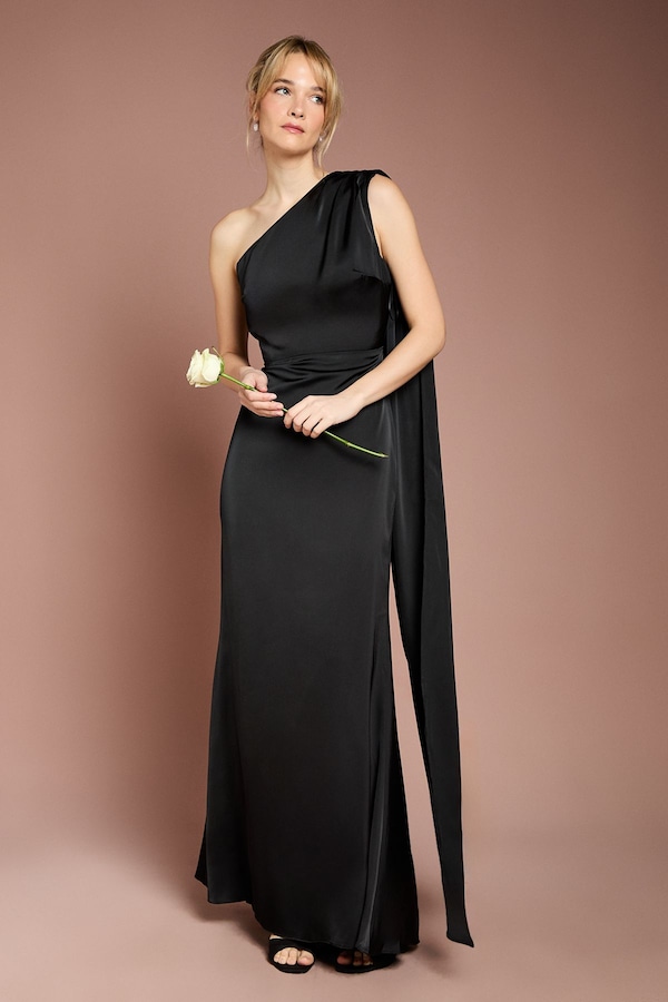 Coast Coast Honoured Drape One Shoulder Satin Maxi Bridesmaid Dress Black