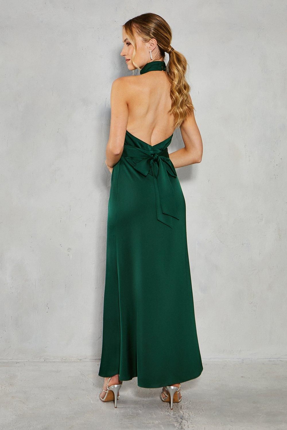 Oasis Satin Halter Bias Cut Maxi Bridesmaid Dress Emerald image 3