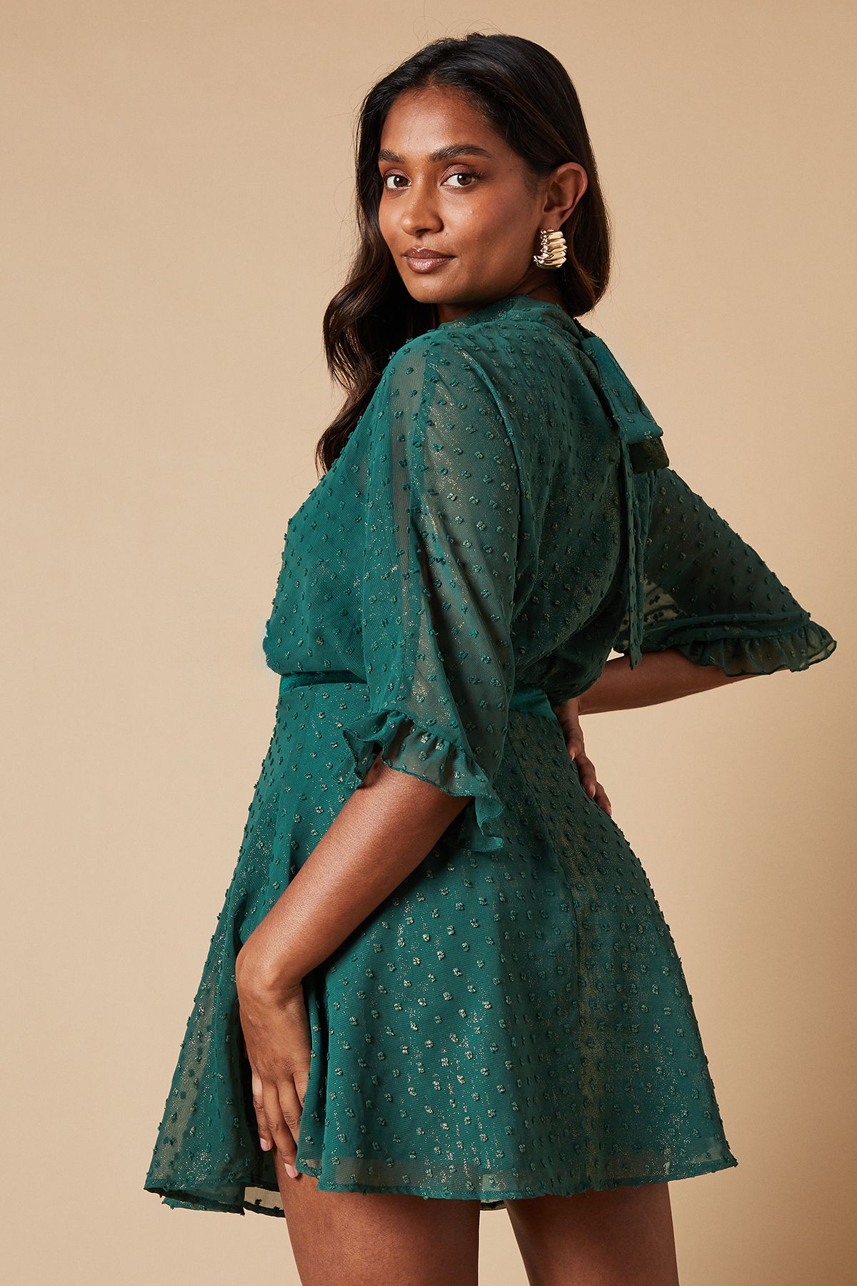 Oasis Occasion Glitter High Neck Mini Dress Green image 3