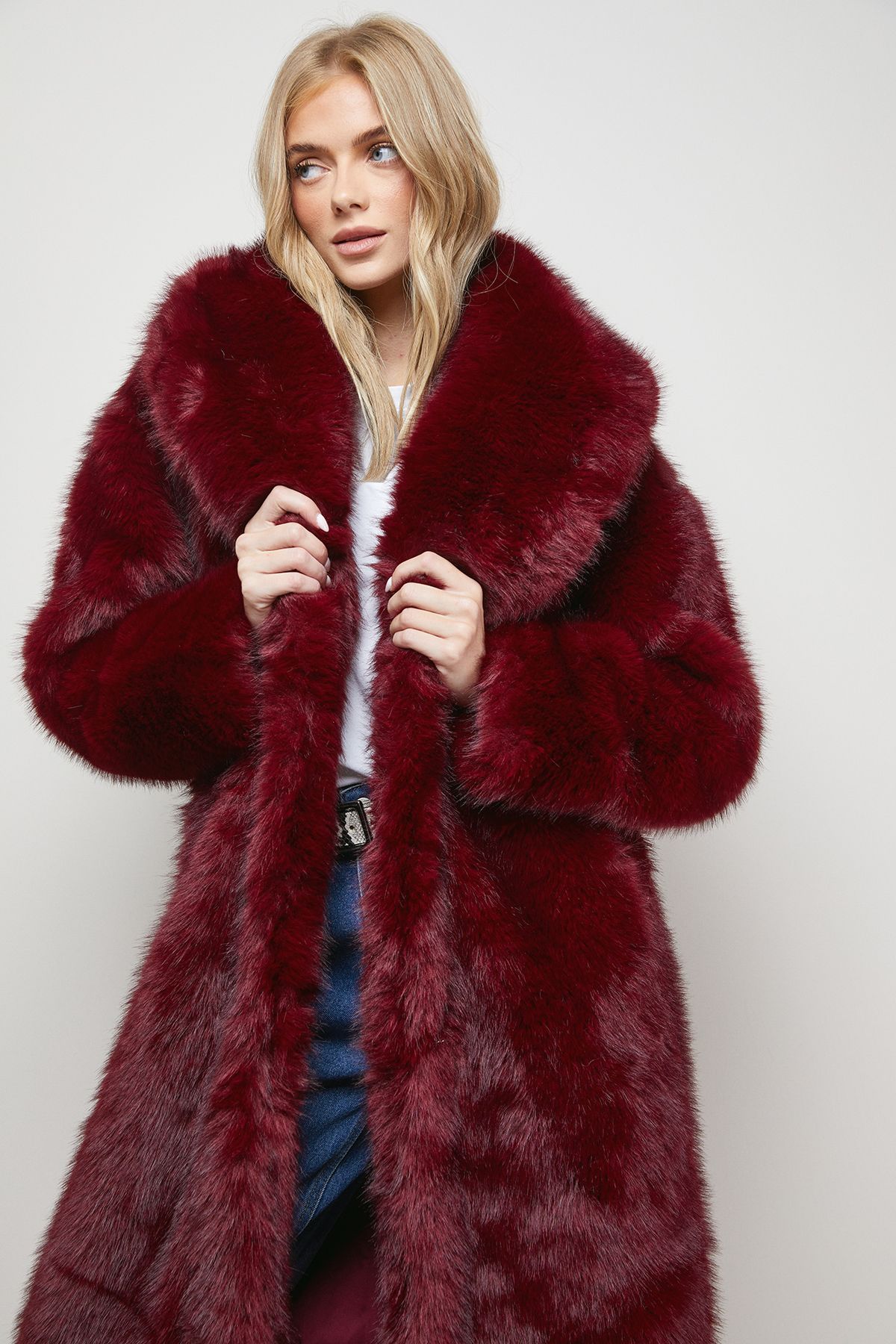Oasis Maxi Faux Fur Plush Coat Burgundy image 4