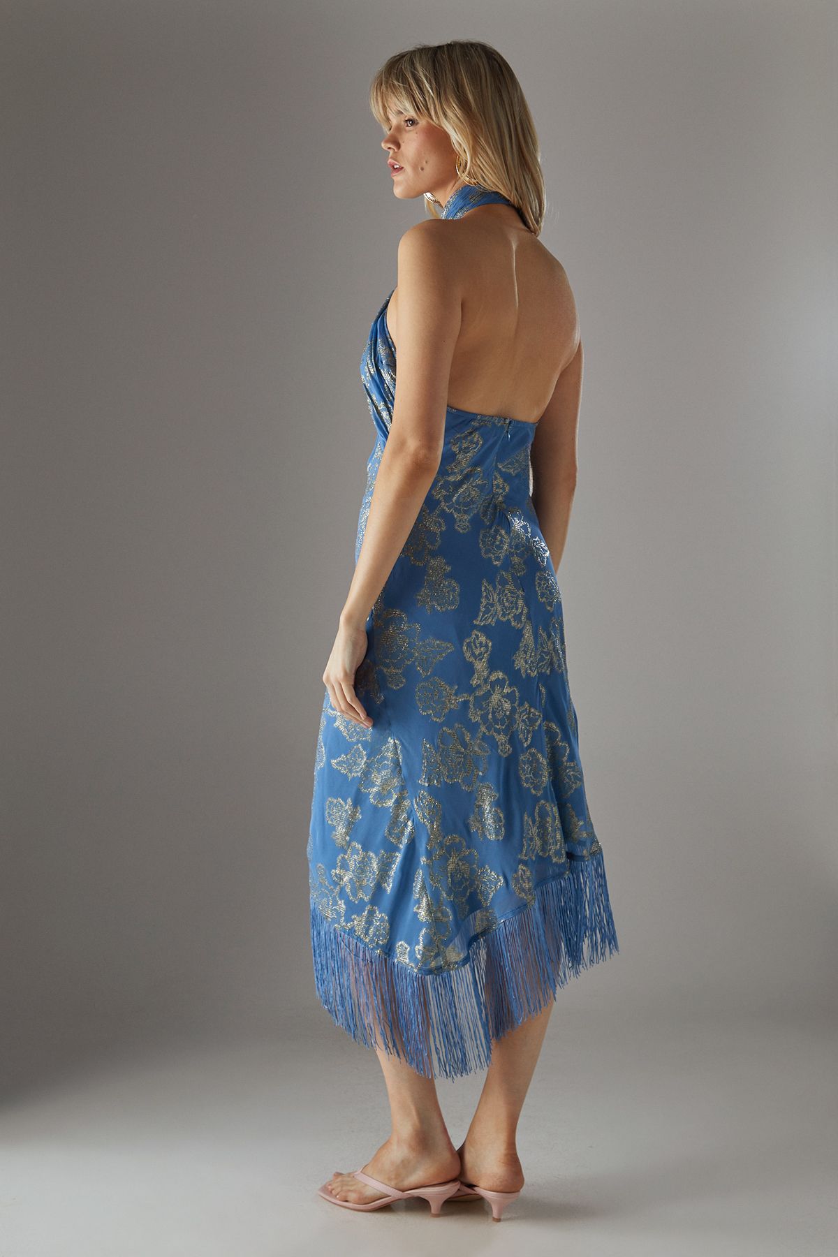 Warehouse Metallic Chiffon Fringe Hem Halter Wrap Front Midi Dress Blue image 4