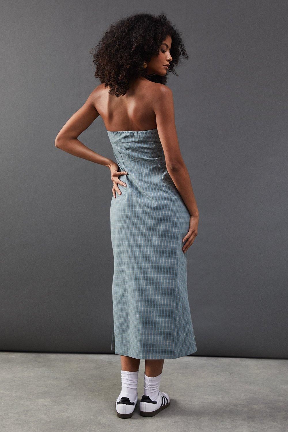 Warehouse Check Hook & Eye Fitted Bandeau Midi Dress Blue image 3