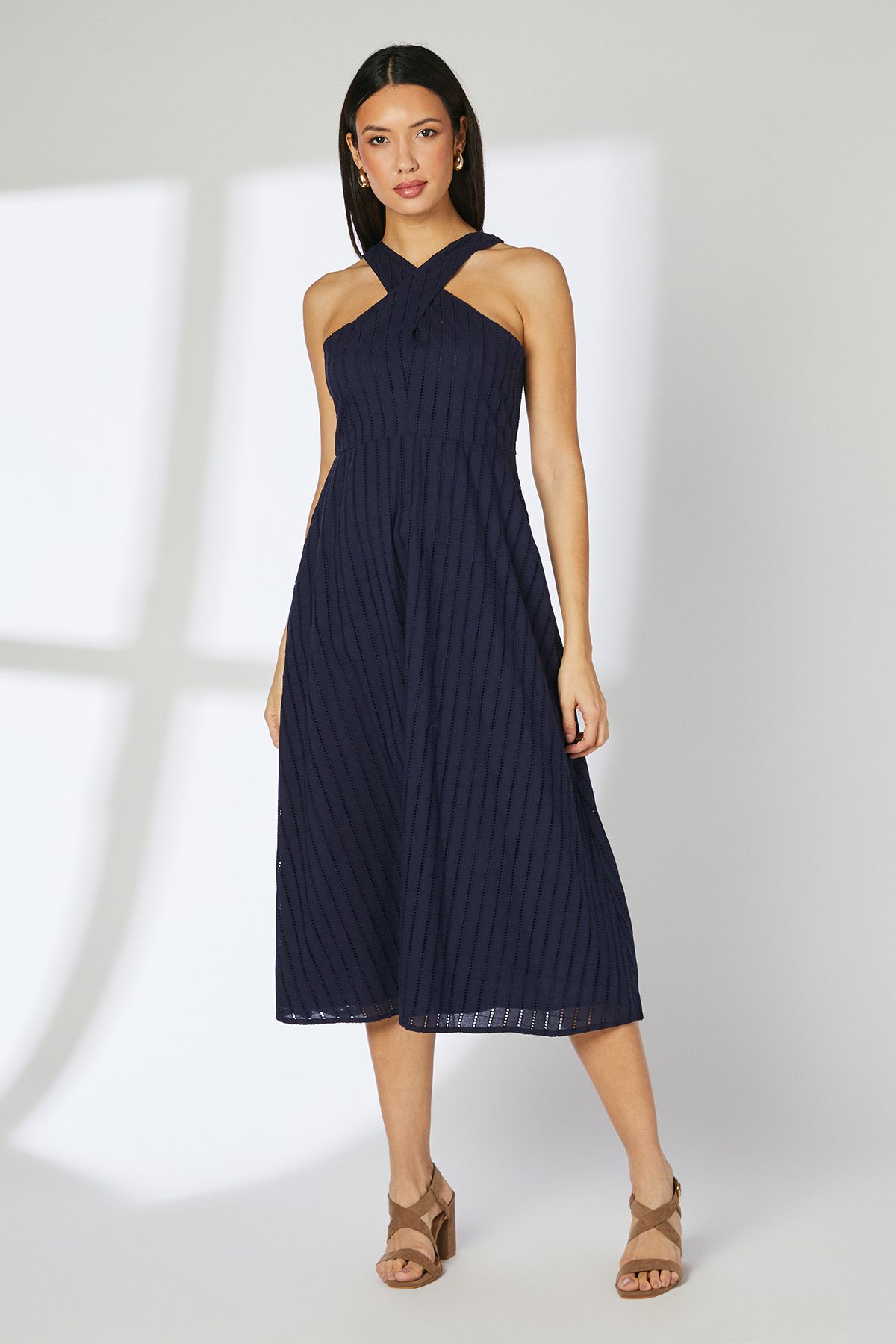 Principles Navy Halterneck Broderie Midi Dress Navy image 1
