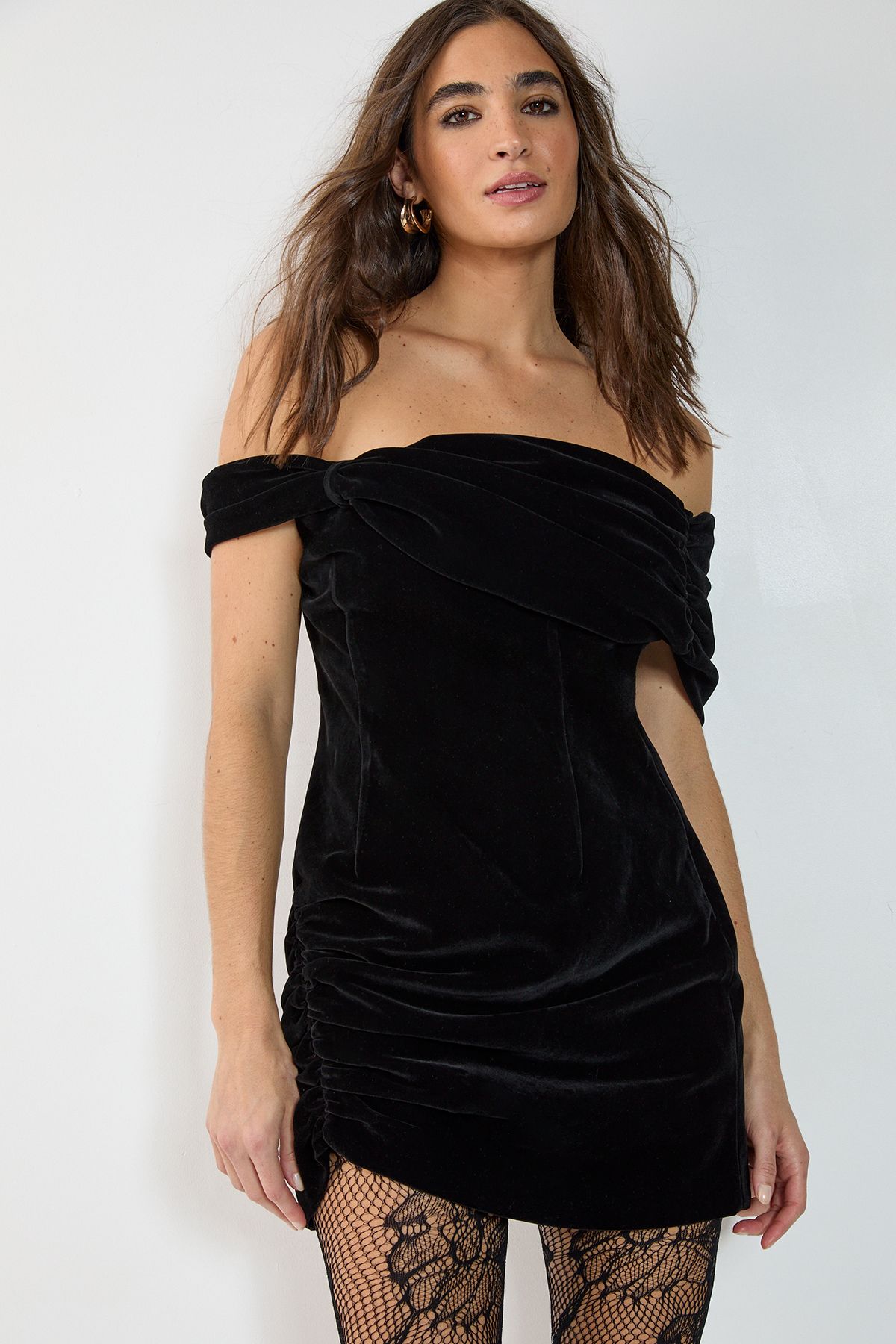 NastyGal Velvet Ruched Off The Shoulder Mini Dress Black image 2