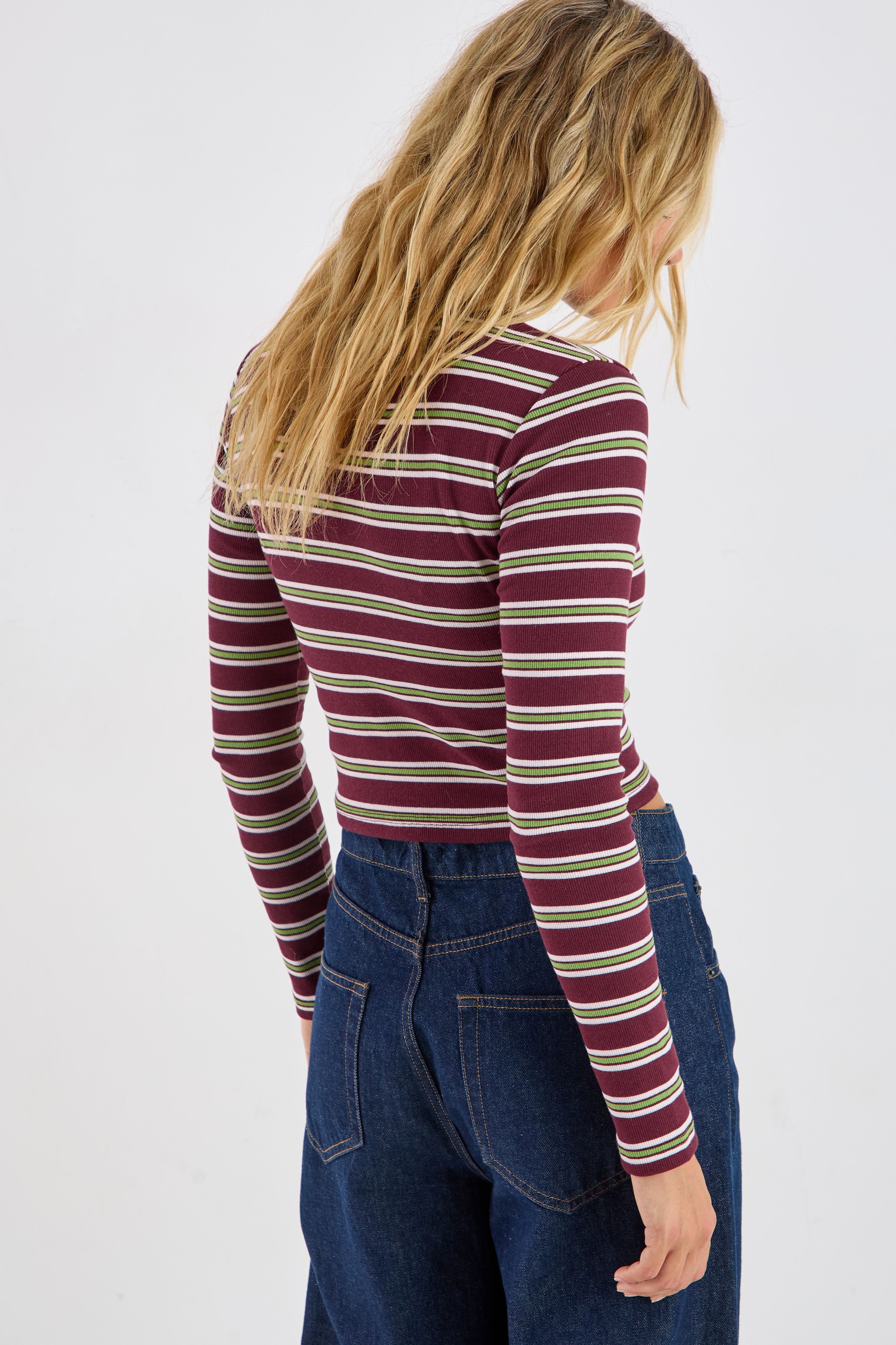 NastyGal Stripe Crew Neck Long Sleeve T-Shirt Burgundy image 4