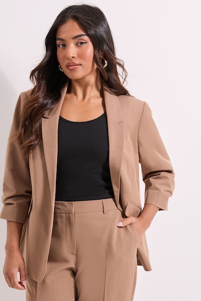 Dorothy Perkins Petite Ruched Sleeve Blazer Mocha