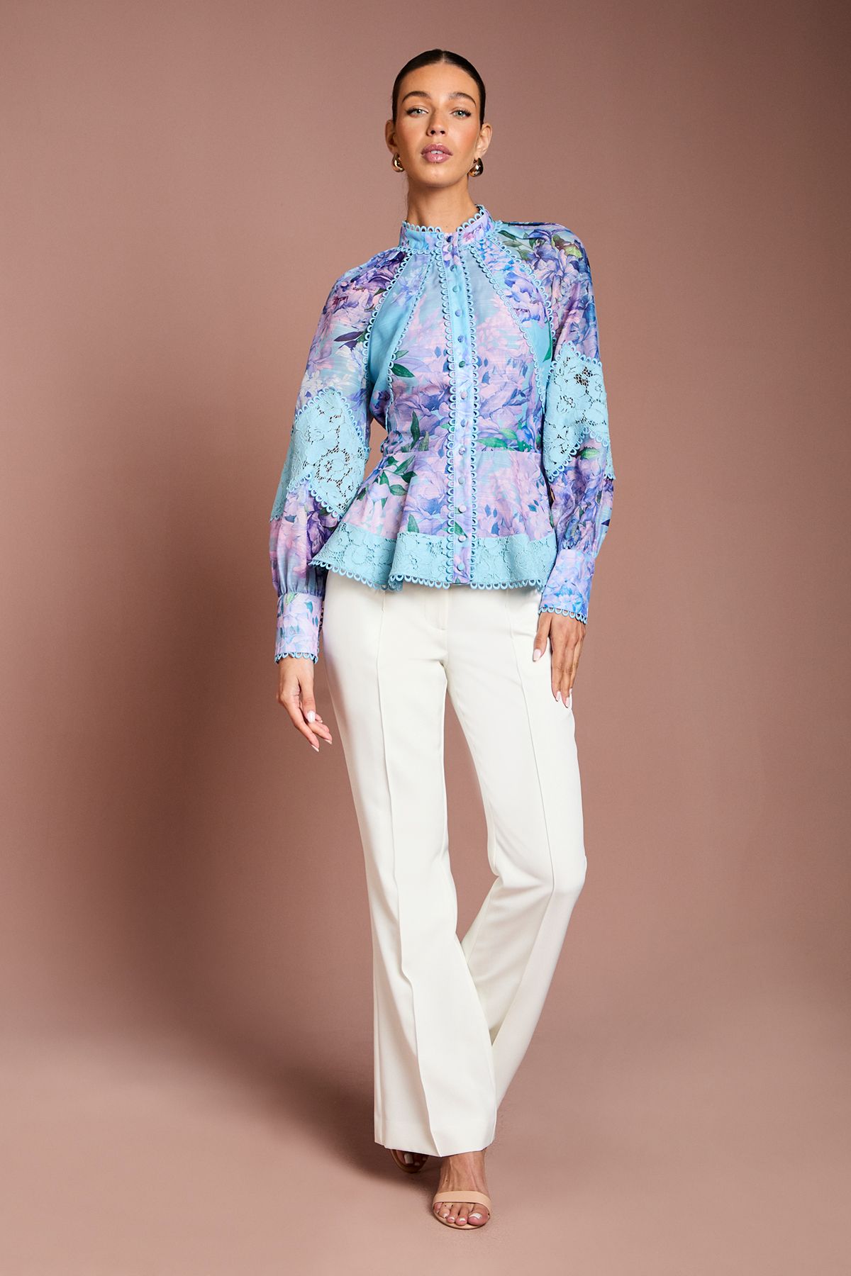 Coast Printed Blouson Sleeve Lace Trim Blouse Blue image 2