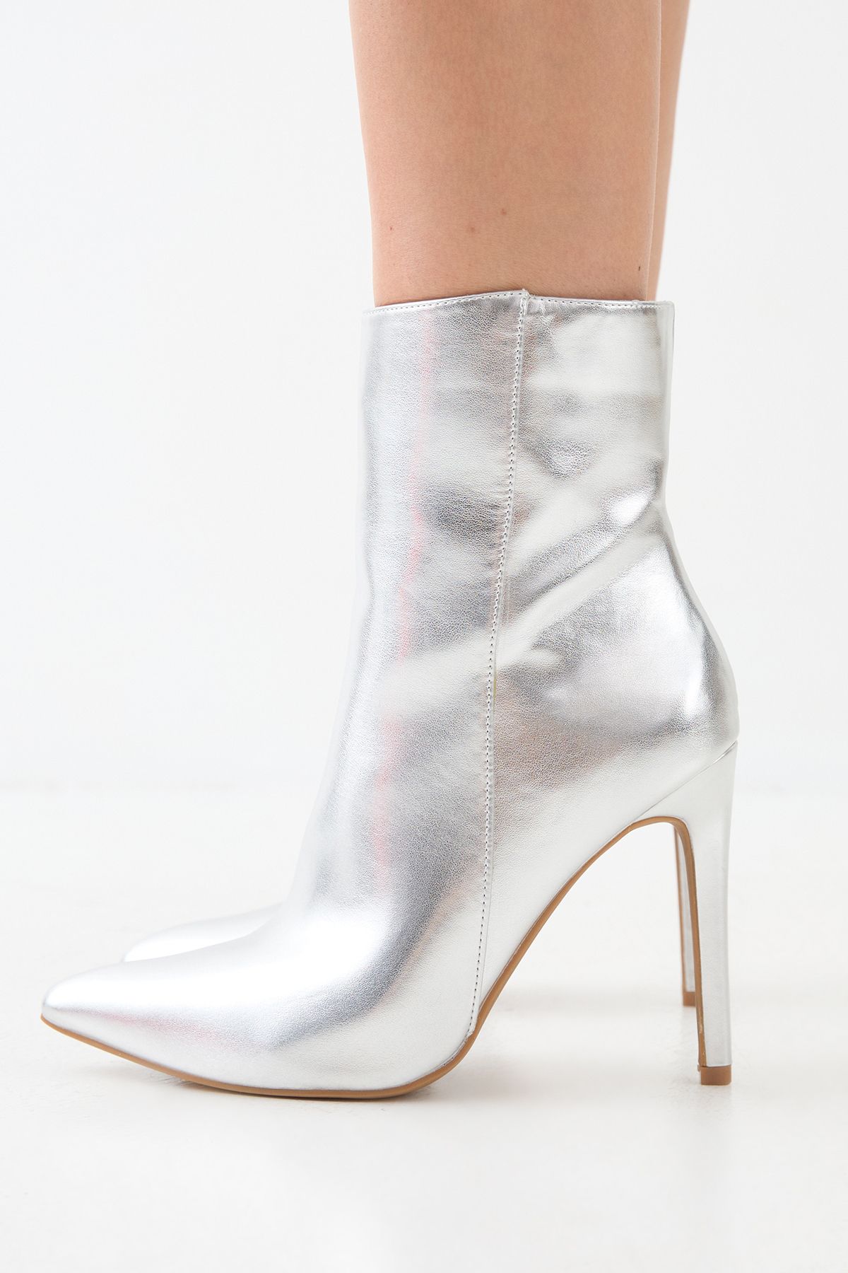 MissPap Faux Leather High Stiletto Heel Ankle Boots Silver image 4