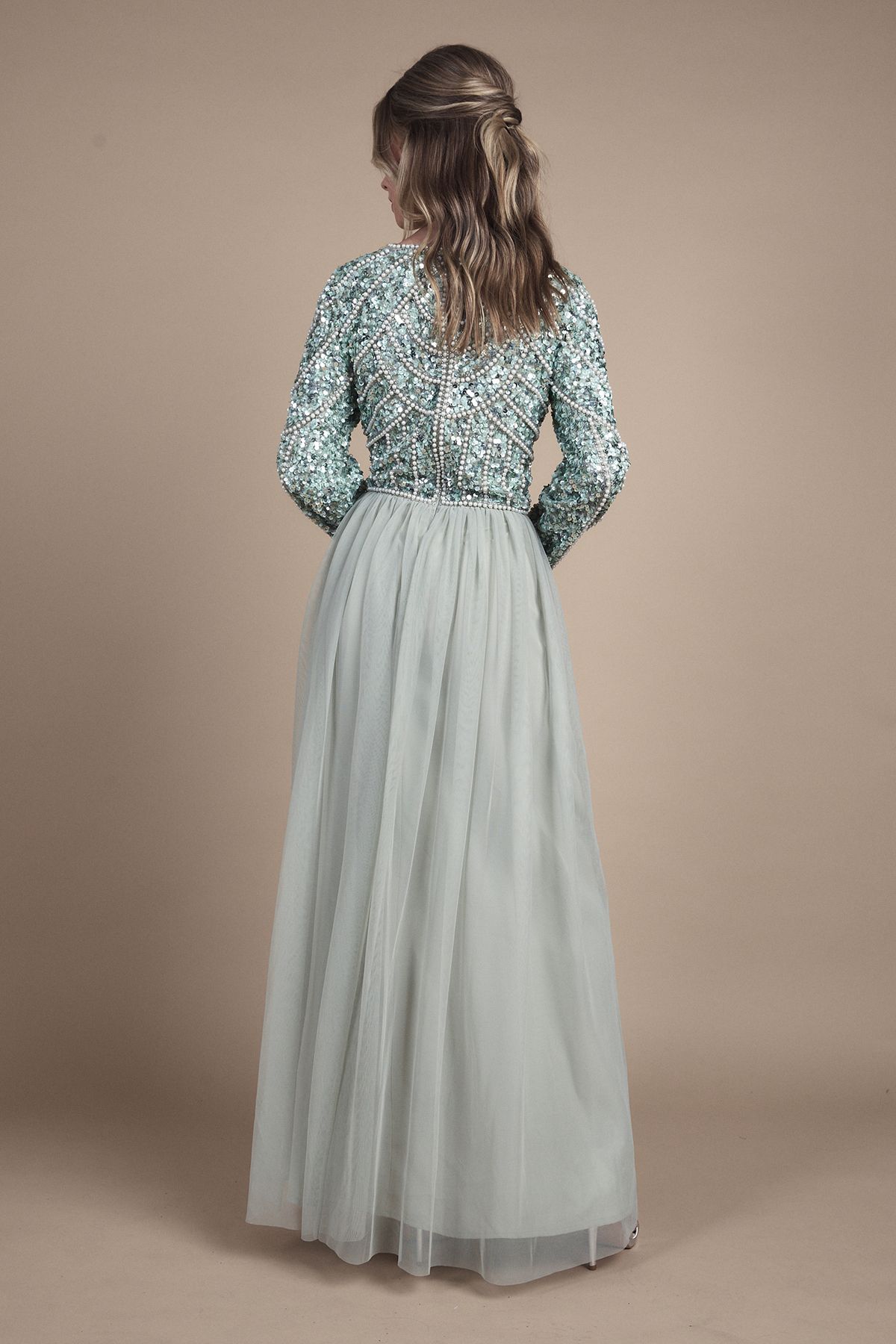 Coast Teen Pearl Embellished Bodice Bridesmaid Tulle Skirt Dress Sage image 3