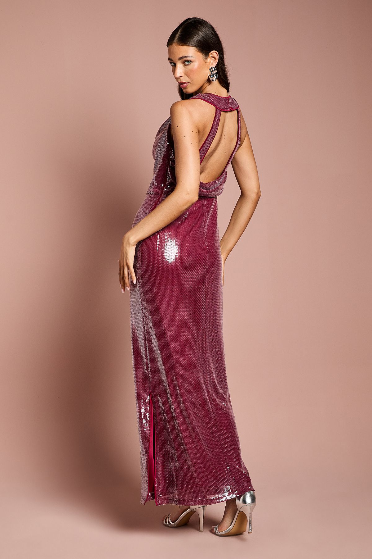 Coast Coast Muse Cowl Front Halter Sequin Maxi Dress Plum image 4