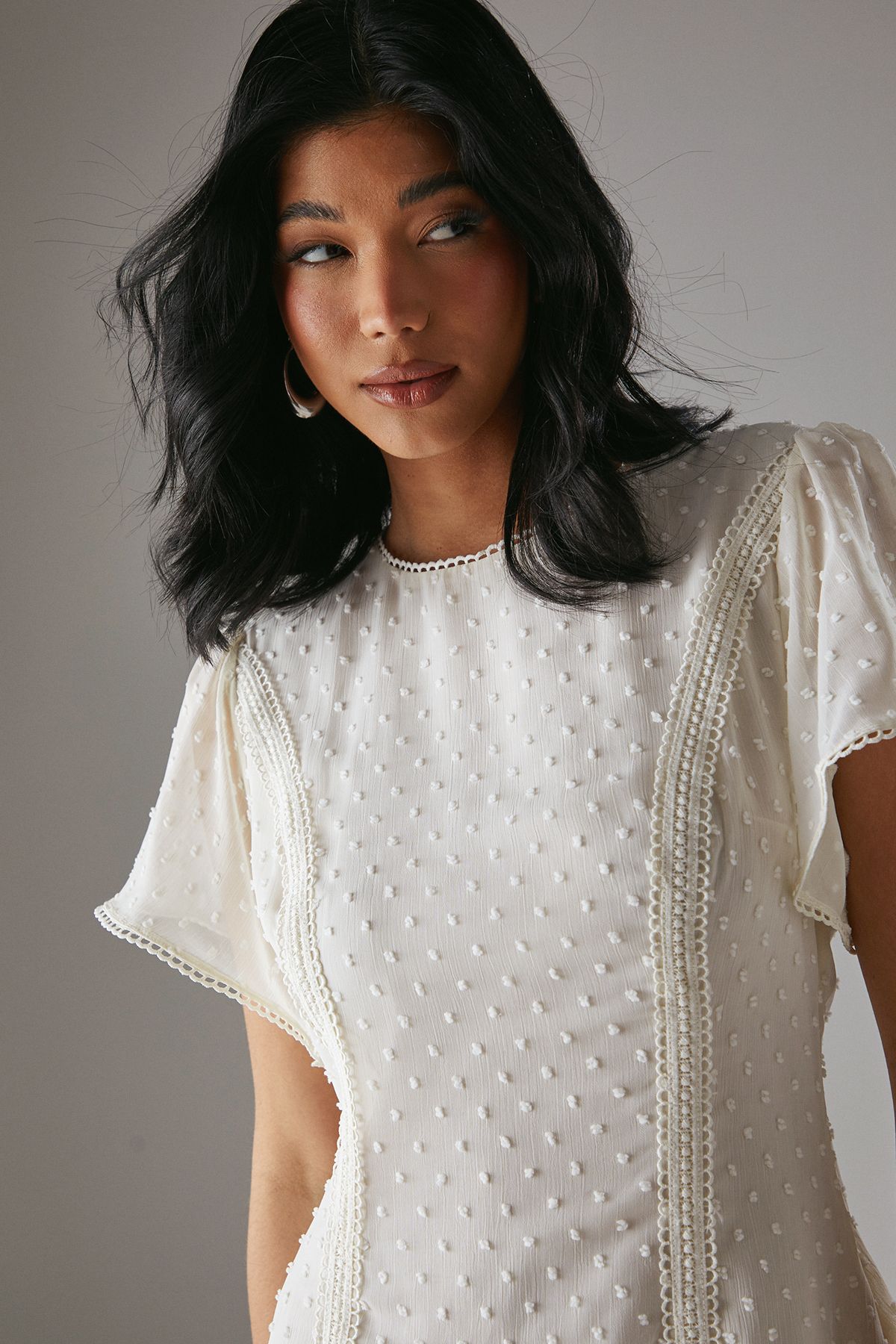 Warehouse HCD Dobby Chiffon Lace Trim Ruffle Mini Dress Cream image 5