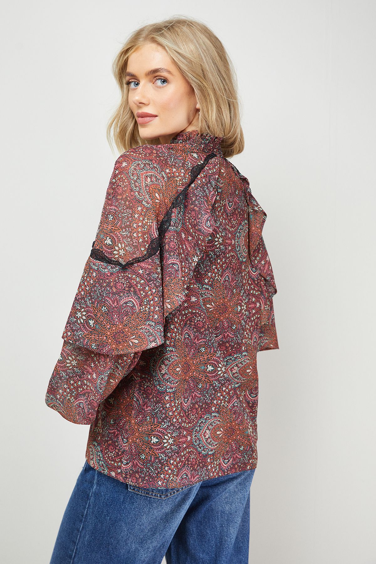 Oasis Cape Detail Trim Balloon Sleeve Boho Blouse Multi image 3