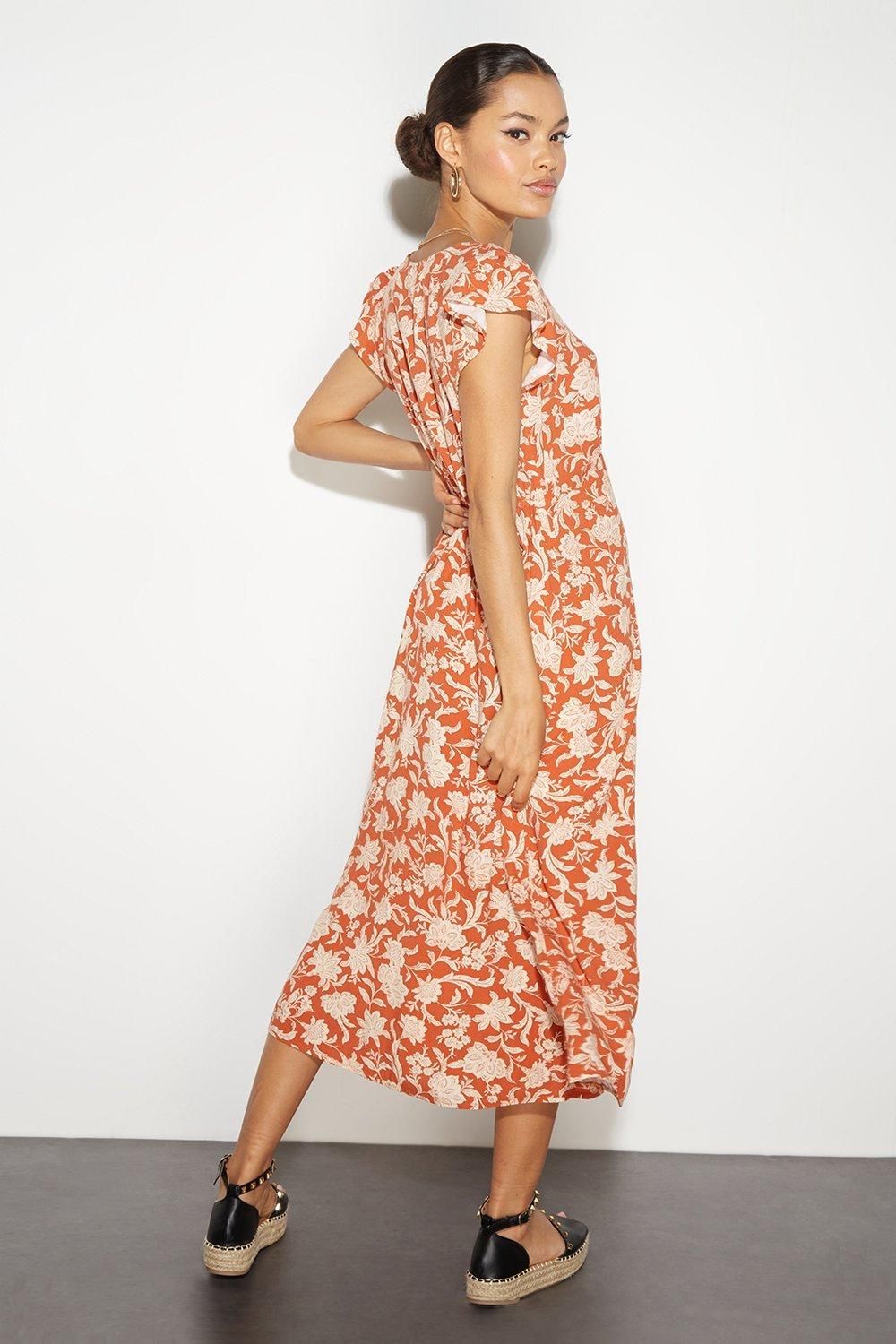 Dorothy Perkins Petite Floral Ruffle Sleeve Button Midi Dress Rust image 3