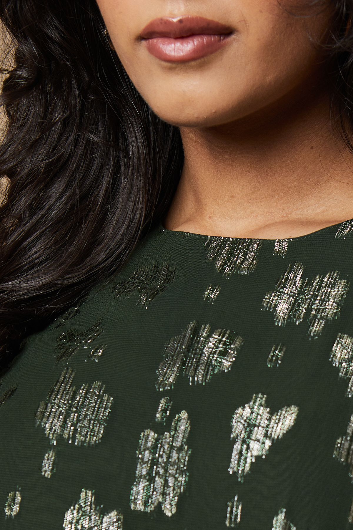 Oasis Metallic Jacquard Flute Sleeve Midi Dress Dark Olive image 5