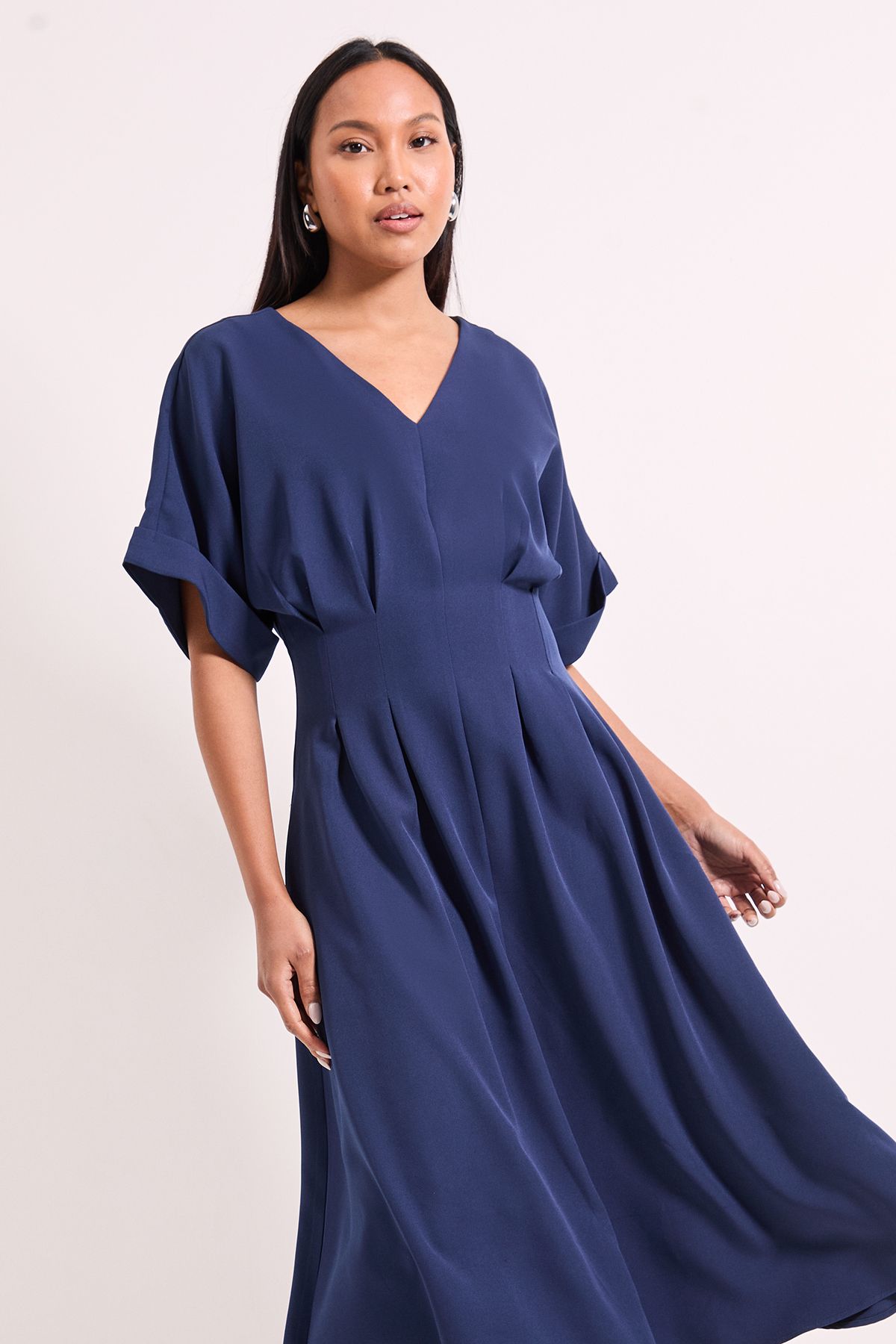 Principles Pleat Waist Relaxed Cuff Crepe Midi Dress Navy image 4