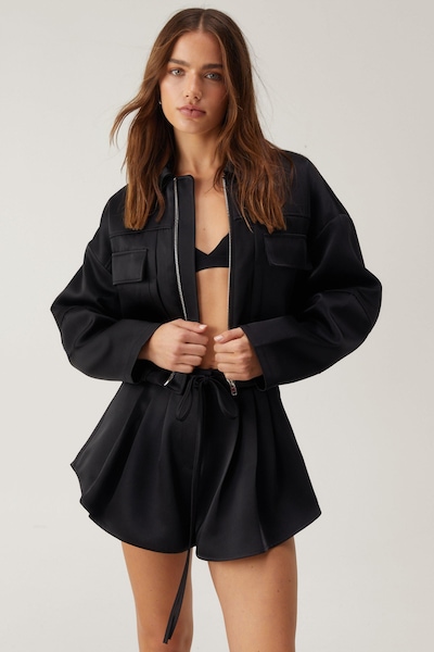 NastyGal Premium Satin Tailored Structured Sleeve Cropped Bomber Jacket Black