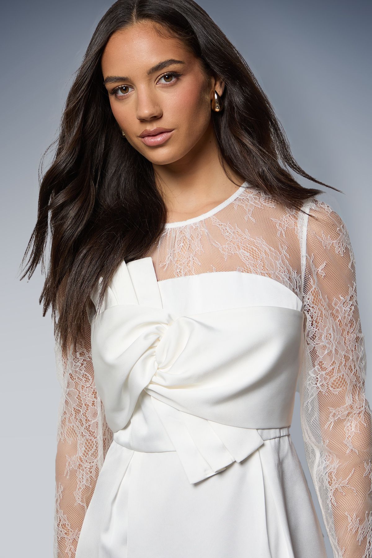 Oasis Lace Sleeve Bow Front Midi Dress Ivory image 4