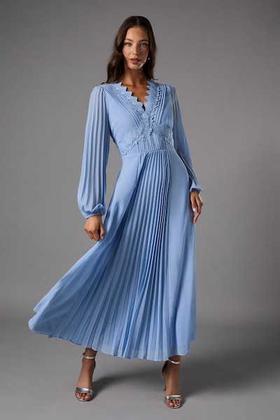 Coast Pleat Detail Lace Trim Maxi Dress Blue