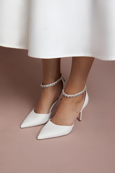 Coast Bridal Wide Fit Tatiana Faux Leather Jewelled Anklet High Stiletto Court Shoes White