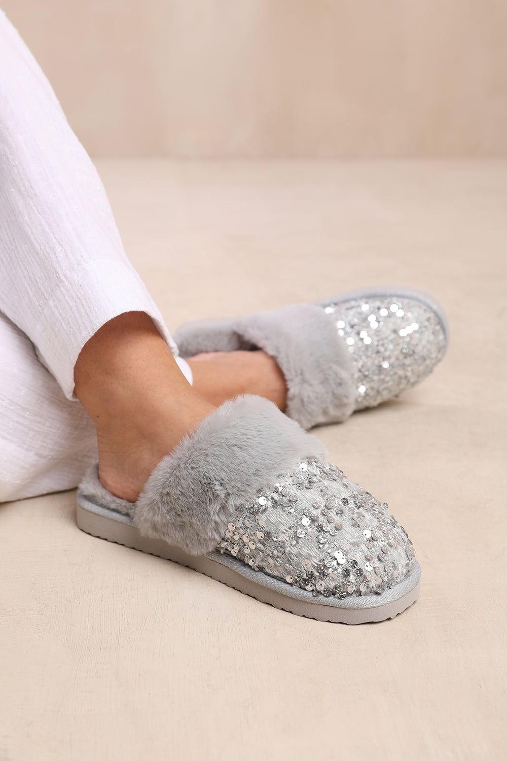 Where's That From 'Snuggle' Slip On Sequin Slippers With Fur Trim