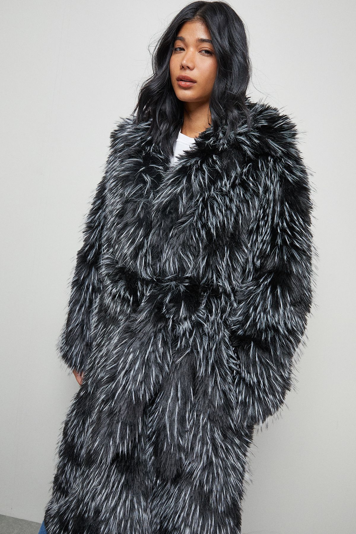 Warehouse Faux Fur Two Tone Coat Mono image 2