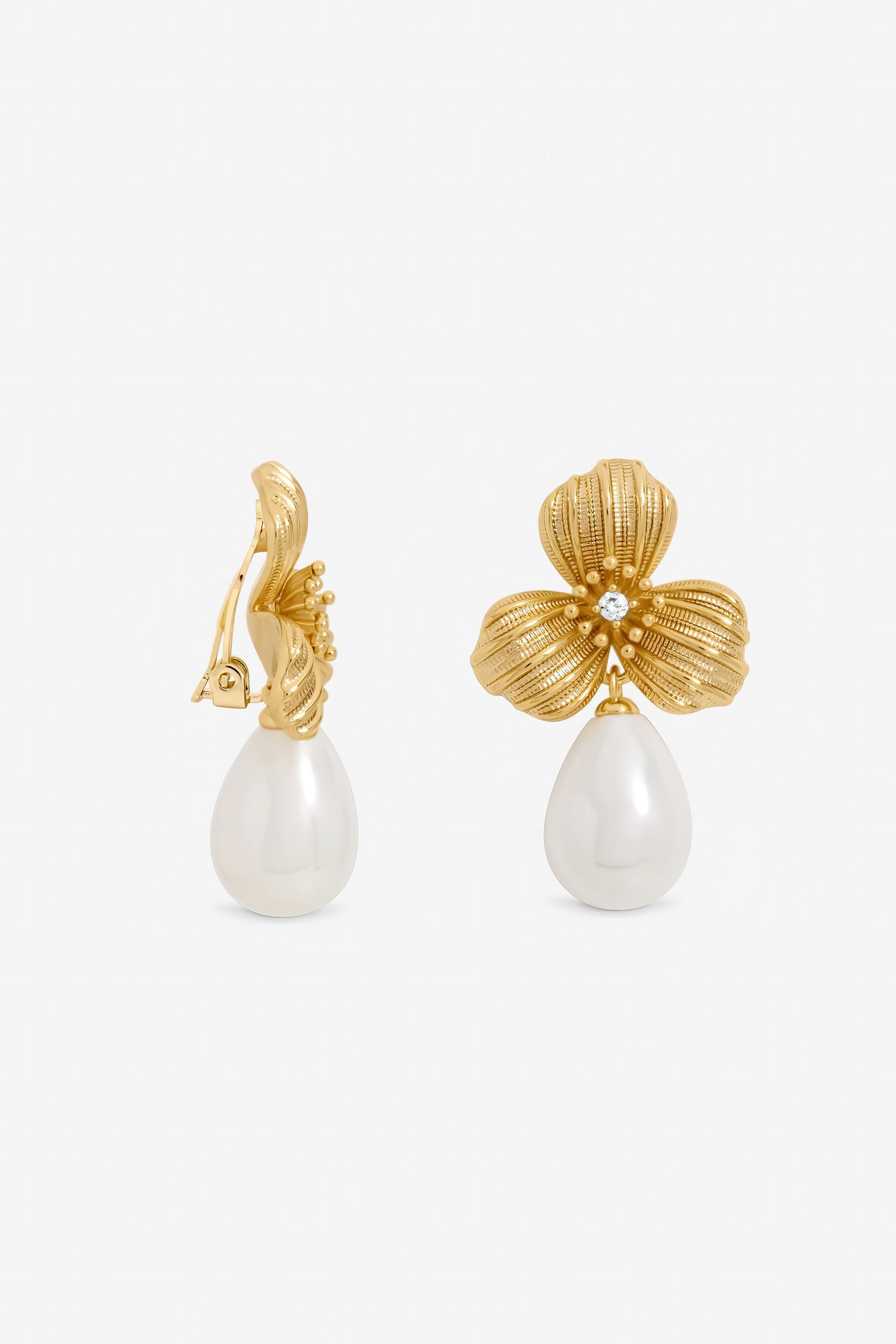 Jon Richard Textured Floral and Pearl Drop Clip Earrings